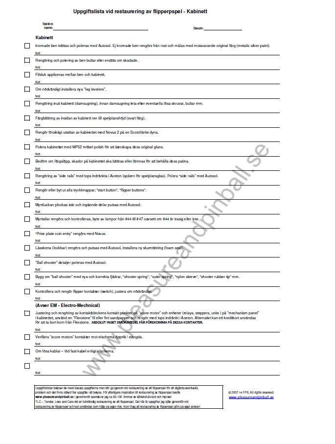 Task list for restoration of pinball machine